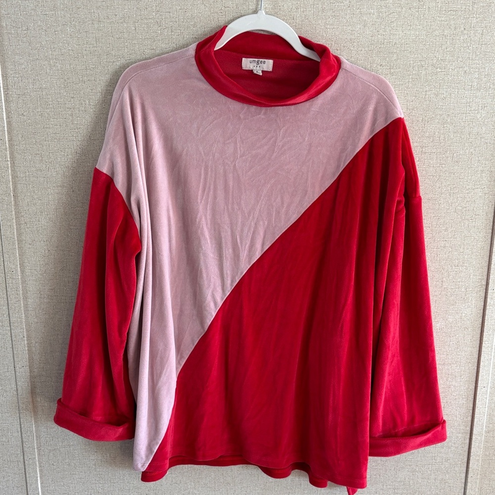 Umgee Colorblock Velvet Top Pink Red Mock Neck Long Sleeves Small Cozy Chic